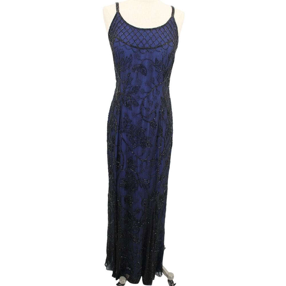VTG Lillie Rubin Beaded Maxi Evening Gown Silk Dark Blue Sleeveless Medium